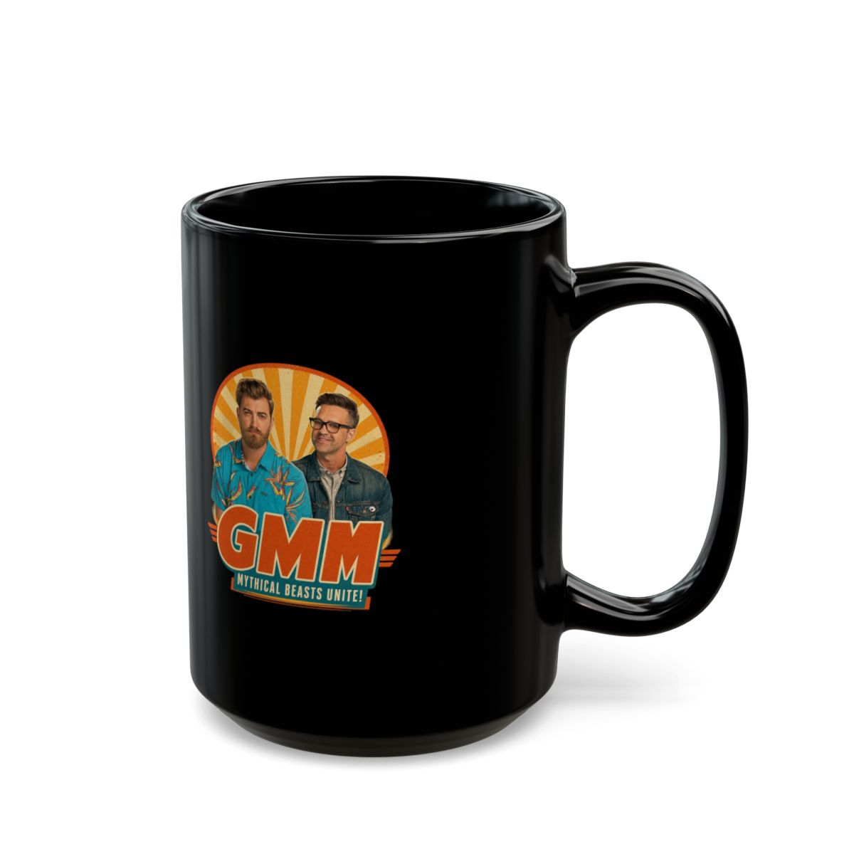 Good Mythical Morning " in bold Bebas Kai font below. " Black Mug - alternate angle 5, merchandise